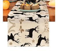 Odot Leaves Autumn Table Runner, Seasonal Fall Winter Machine Washable Kitchen Dining Table Decoration long tablecloth, for Christmas Halloween Home Party Decor (33x200cm,Black Deer)