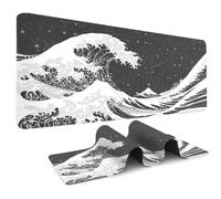 Odot Non-Slip Gaming Mouse Pad, Wave Print Desk Pad, Large Table Mat Stitched Edges Mouse Mat Mousepad for Gaming, Office, Everyday (Black White 2,300x600x3mm)