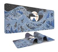 Odot Non-Slip Gaming Mouse Pad, Wave Print Desk Pad, Large Table Mat Stitched Edges Mouse Mat Mousepad for Gaming, Office, Everyday (Black Blue,300x800x3mm)