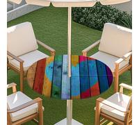Odot Outdoor Round Tablecloth with Parasol Hole and Zipper Wood Grain Elastic Edge Round Fitted Tablecloth Protector Waterproof Wipe Clean Table Cover for Garden, Party (Colorful,S:79-89cm)
