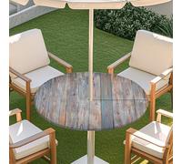 Odot Outdoor Round Tablecloth with Parasol Hole and Zipper Wood Grain Elastic Edge Round Fitted Tablecloth Protector Waterproof Wipe Clean Table Cover for Garden, Party (Gray,M:91-112cm)