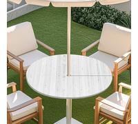 Odot Outdoor Round Tablecloth with Parasol Hole and Zipper Wood Grain Elastic Edge Round Fitted Tablecloth Protector Waterproof Wipe Clean Table Cover for Garden, Party (White,L:114-137cm)