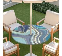 Odot Outdoor Tablecloth with Parasol Hole, Elastic Edge Round Fitted Table Cloth Protector Waterproof,3D Quicksand Pattern Wipe Clean Table Cover for Garden, BBQ (Blue-Green,M:91-112cm)