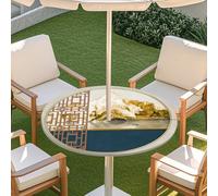 Odot Outdoor Tablecloth with Parasol Hole, Elastic Edge Round Fitted Table Cloth Protector Waterproof,3D New Pattern Wipe Clean Table Cover for Garden, BBQ, Party (Golden landscape,L:114-137cm)