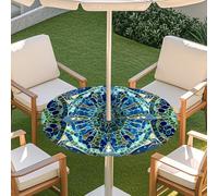 Odot Outdoor Tablecloth with Parasol Hole, Elastic Edge Round Fitted Table Cloth Protector Waterproof,3D Retro Pattern Wipe Clean Table Cover (Kaleidoscope,M:91-112cm)
