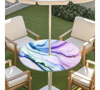 Odot Outdoor Tablecloth with Parasol Hole, Elastic Edge Round Fitted Table Cloth Protector Waterproof,3D Quicksand Pattern Wipe Clean Table Cover for Garden, BBQ (Purple-Blue,S:79-89cm)