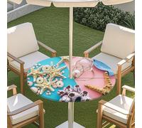 Odot Seashell Print Outdoor Tablecloth with Parasol Hole, Elastic Edge Round Fitted Table Cloth Protector Waterproof,Wipe Clean Table Cover for Garden Party (Starfish 5,M)