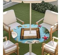 Odot Seashell Print Outdoor Tablecloth with Parasol Hole, Elastic Edge Round Fitted Table Cloth Protector Waterproof,Wipe Clean Table Cover for Garden Party (Cameo Shell 5,M)