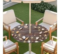 Odot Seashell Print Outdoor Tablecloth with Parasol Hole, Elastic Edge Round Fitted Table Cloth Protector Waterproof,Wipe Clean Table Cover for Garden Party (Starfish 6,M)