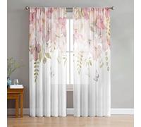 Odot Sheer Curtains Rod Pocket, Semi Sheer Curtains for Bedroom 2 Panels Net Voile for Windows 3D Flower Pattern Light Filtering Translucent Tulle Voile Panel (Pink Flower,W 55 H63in)