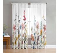 Odot Sheer Curtains Rod Pocket, Semi Sheer Curtains for Bedroom 2 Panels Net Voile for Windows 3D Flower Pattern Light Filtering Translucent Tulle Voile Panel (Plant,W 55 H96in)