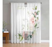 Odot Sheer Curtains Rod Pocket, Semi Sheer Curtains for Bedroom 2 Panels Net Voile for Windows 3D Leaf Pattern Light Filtering Translucent Tulle Voile Panel (Rose Flower,W 55 H83in)