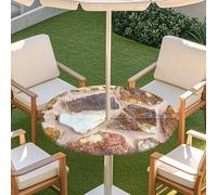 Odot Stone Print Outdoor Tablecloth with Parasol Hole, Elastic Edge Round Fitted Table Cloth Protector Waterproof,Wipe Clean Table Cover for Garden Party (Cobblestone 6,M)