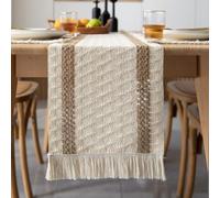 Odot Table Runner Vintage Fringe Boho, Seasonal Fall Winter Machine Washable Kitchen Dining Table Decoration long tablecloth, for Thanksgiving Events Home Party Decor (30x120cm,Khaki white D)
