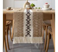 Odot Table Runner Vintage Fringe Boho, Seasonal Fall Winter Machine Washable Kitchen Dining Table Decoration long tablecloth, for Thanksgiving Events Home Party Decor (30x260cm,Khaki white black)