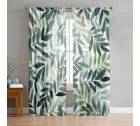 Odot Voile Net Curtains for Windows Living Room, 3D Leaf Pattern Rod Pocket Semi Sheer Curtains 2 Panels Light Filtering Translucent Tulle Voile Panel for Decorative (Dark Green Leaf A,31x45in)
