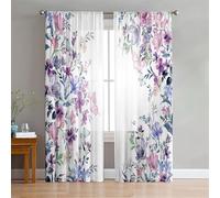 Odot Voile Net Curtains for Windows Living Room, Floral Style 3D Print Rod Pocket Semi Sheer Curtains 2 Panels Light Filtering Translucent Tulle Voile Panel for Bedroom (Purple Flower,55x108in)