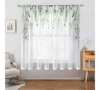 Odot Voile Net Curtains for Windows with Rod Pocket, 3D Green Leaf Pattern Semi Sheer Transparent Curtain 2 Panels Light Filtering Tulle Window Panels for Bedroom (Willow Leaf,130x120cm)