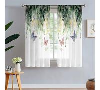 Odot Voile Net Curtains for Windows with Rod Pocket, 3D Green Leaf Pattern Semi Sheer Transparent Curtain 2 Panels Light Filtering Tulle Window Panels for Bedroom (Butterfly,130x213cm)