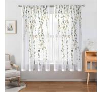 Odot Voile Net Curtains for Windows with Rod Pocket, 3D Green Leaf Pattern Semi Sheer Transparent Curtain 2 Panels Light Filtering Tulle Window Panels
