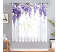 Odot Voile Net Curtains for Windows with Rod Pocket, 3D Wisteria Flower Pattern Semi Sheer Transparent Curtain 1 Panel Light Filtering Tulle Window Panels for Bedroom (Wisteria,132x183cm)