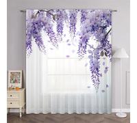 Odot Voile Net Curtains for Windows with Rod Pocket, 3D Wisteria Flower Pattern Semi Sheer Transparent Curtain 1 Panel Light Filtering Tulle Window Panels for Bedroom (Purple Petal,100x130cm)