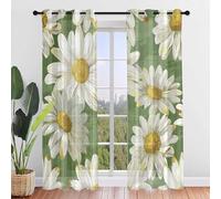 Odot Voile Sheer Curtains 2 Panels for Living Room, 3d Daisy Prints Semi Transparent Sheer Light Filtering Tulle Eyelet Curtains Drapes for Home Bedroom Windows (Green,W52 x L84″)