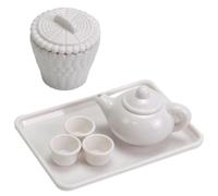 Odoukey 1/12 Scale Realistic Miniature White Modern Plastic Tea Set with Teapot Tray Cups, Dollhouse Kitchen Mini Tea Tabletop Accessory