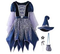 Odoukey 110cm Girls Witch Costume Shining Wicked Witch Dress Set with Hat, Magic Wand and Candy Bag, Halloween Party Cosplay Outfit for Kids