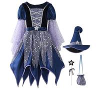 Odoukey 120cm Girls Witch Costume Shining Wicked Witch Dress Set with Hat, Magic Wand and Candy Bag, Halloween Party Cosplay Outfit for Kids