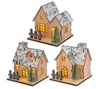 Odoukey 3PCS Christmas Village Sets, LED Light Up Wood Christmas Village Houses Battery Powered Mini House Decor for Table Window Bedroom Landscape Party
