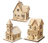 Odoukey 3PCS Christmas Village Sets Wood LED Light Up Christmas Village Houses Battery Powered Mini Decorations for Table Window Bedroom