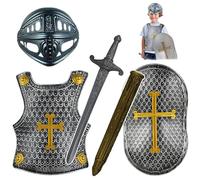Odoukey 4Pcs/Set Knight Armor, Kids Medieval Costume Includes Helmet Shield Sword Armor for Role Play Cosplay Halloween Silver-gray