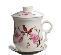 Odoukey 4pcs/Set Tea Cup with Infuser Tea Mugs with Infuser and Lid Ceramic Retro Cup Peach Blossom Floral Mug Business Steeping