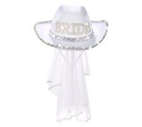 Odoukey Bride Cowboy Hat, White Cowgirl Hat with Veil, Glitter, Adjustable Chin Strap, Sun Protection, Lightweight, Adults Female, Spring Summer, Wedding, Bachelorette Party, Bride Accessory