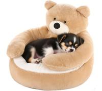Odoukey Cute Plush Teddy Bear Small Dog Bed, Comfy Machine Washable Non-Slip Soft Bed for Beloved Pets
