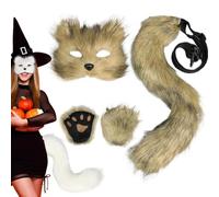 Odoukey Fox Mask and Tail with Fox Paws Realistic Personalized Plush Fluffy Costume for Women Decorative Furry Cat for Cosplay Party Halloween Masquerade Glass Brown