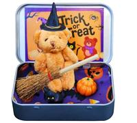 Odoukey Halloween Witch Plush Bear Mini Figures, Little Bear in Iron Box with Broom Cape Pumpkin Cat Decor for Trick or Treat