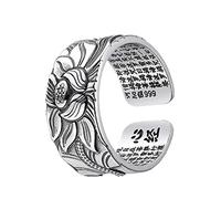 Odoukey Sterling Silver Open Finger Rings for Women Retro Adjustable Lotus Flower Printing Design Lotus Open Rings