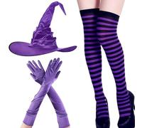 Odoukey Witch Costume Women Soft Skin-Friendly Fabric with Purple Striped Socks Pointed Hat Gloves Halloween Dress Cosplay One Size