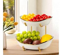 OdoVow 2 Tier Ceramic Fruit Bowl, Fruit Basket for Kitchen Counter, Tiered Fruit Rack for Countertop, Modern Multi Large Capacity Serving Holder for Party Dessert, Vegetable, Snack(Gold&White)