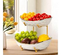 OdoVow 2 Tier Fruit Basket, Ceramic Fruit Bowl, Fruit Bowl for Kitchen Counter, Porcelain Fruit Stand Storage Holder, for Kitchen Counter Large Capacity Fruit Holder for Dessert, Snack(White)
