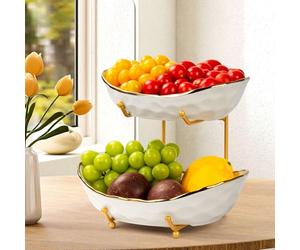 OdoVow 2 Tier Fruit Basket, Ceramic Fruit Bowl, Fruit Bowl for Kitchen Counter, Porcelain Fruit Stand Storage Holder, for Kitchen Counter Large Capacity Fruit Holder for Dessert, Snack(White)