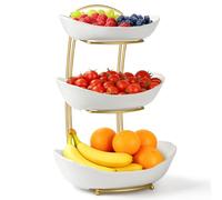 OdoVow Fruit Basket for Kitchen Counter - 3 Tier Ceramic Serving Bowls with Metal Stand, Tiered Fruit Bowls for Snack, Vegetable, Nuts, Dessert | Modern No-Assembly Easy-Clean Home Decor (White)