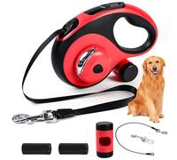 ODRIEW Heavy Duty Retractable Dog Leash for Large Dogs, 26 Feet Dog Leash with Poop Bag Holder up to 110 lbs Bite Proof Cable, LED Light, 360° Tangle-Free with One Hand Pause & Lock (Red, 26 Feet)
