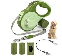 ODRIEW Retractable Dog Leash 16ft, 6-in-1 with Chew Proof Cable, LED Light, Dispenser, 2 Poop Bags. 360° Tangle-Free, One Button Brake & Lock, Anti-Slip Handle, for Dogs Up to 80lbs. (Green, 16ft)