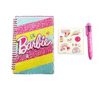 ODS - Barbie My Notebook, Notebook with Reversible Sequins, Pages with Stripes, White Pages and Drawings to Color, Includes Multicolour Pen and 1 Sheet of Barbie Stickers, 15 x 21 cm
