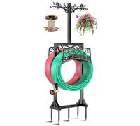 ODSNANIE Garden Hose Holder,Double-Sided Freedstanding Heavy Duty Garden Water Hose Holder Stand with 2 Bird Statue Shepherds Hooks,Detachable Metal Hose Storage Hanger Rack for Outside Yard Lawn Farm