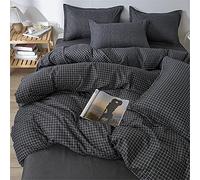 Oduo Duvet Cover Set, 4 Pieces, Plaid Gingham Print Reversible Bedding Set with Quilt Cover, Pillowcases & Flat Sheet - Microfiber Soft Duvet Cover Set for Adult Teenager (Black, 220x240cm)