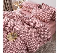 Oduo Duvet Cover Sets 4 Pieces, Plaid Gingham Print Reversible Bedding Set with Quilt Cover, Pillowcases & Flat Sheet - Microfiber Soft Duvet Cover Set for Adult Teenager (Pink,220x240cm)